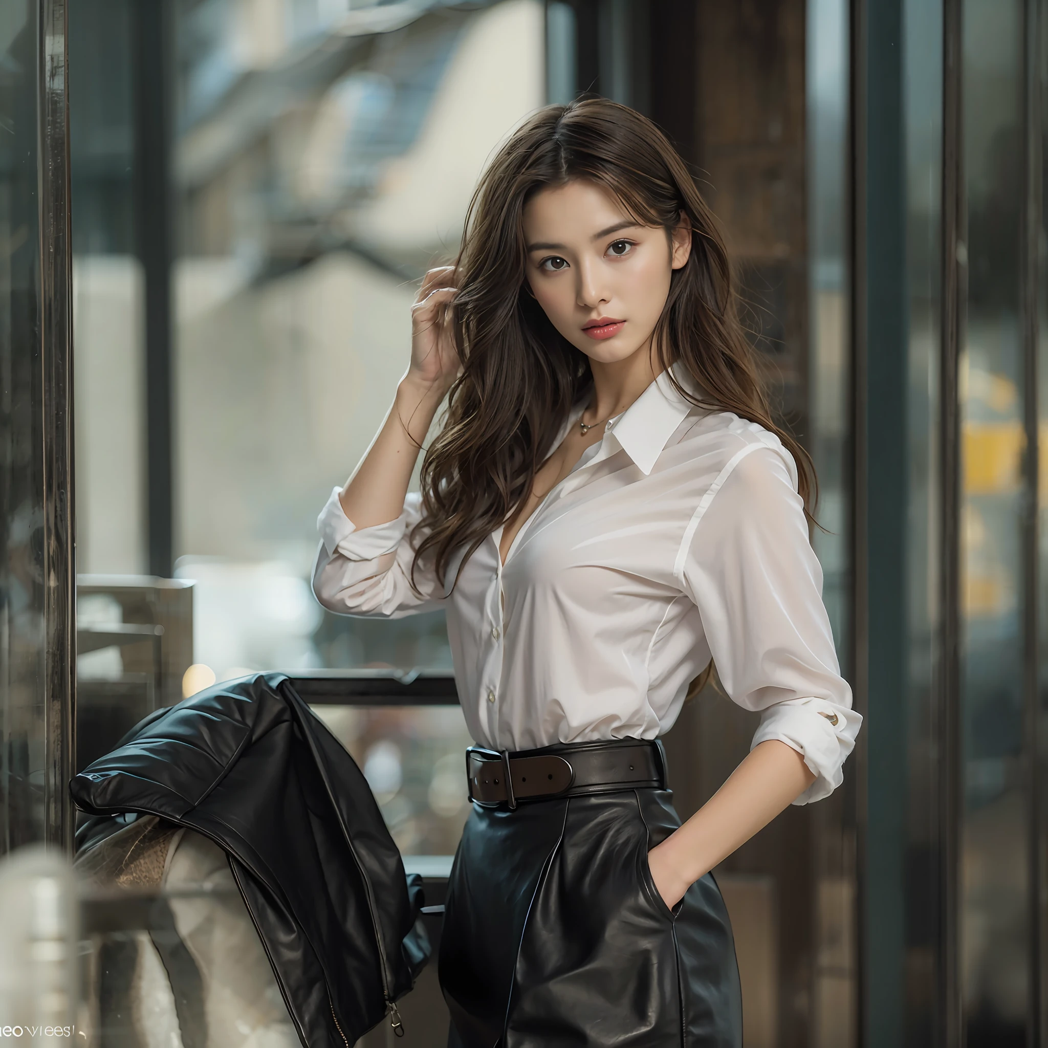 (​masterpiece:1.3), (8K, Photorealsitic, Raw photography, top-quality: 1.4), (1girl in), A pretty woman with perfect figure:1.4, cute  face, beautiful countenance, (Lifelike face), Beautiful hairstyle, realisticeyes, beautiful detail, (real looking skin), Beautiful skins, enticing, The ultra -The high-definition, A hyper-realistic, ighly detailed, (small tits:1.3), (cleavage of the breast:0.8)、White button-up shirt、a belt、Black leather tight skirt、Like Emily O'Hara Ratajkowski Japan, Semi-long curly hair、bangss、(Brown hair、1.3)、(slim figure))、Kojiri、、Fashion Model Pose、is standing