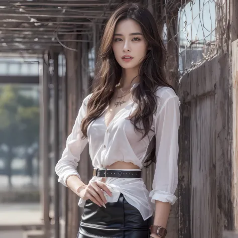 (top-quality、hight resolution、​masterpiece:1.3)、Tall and cute woman、Slender Abs、Dark brown hair styled in loose waves、 cute  face, beautiful countenance, (Lifelike face), Beautiful hairstyle, realisticeyes, beautiful detail, (real looking skin), Beautiful ...