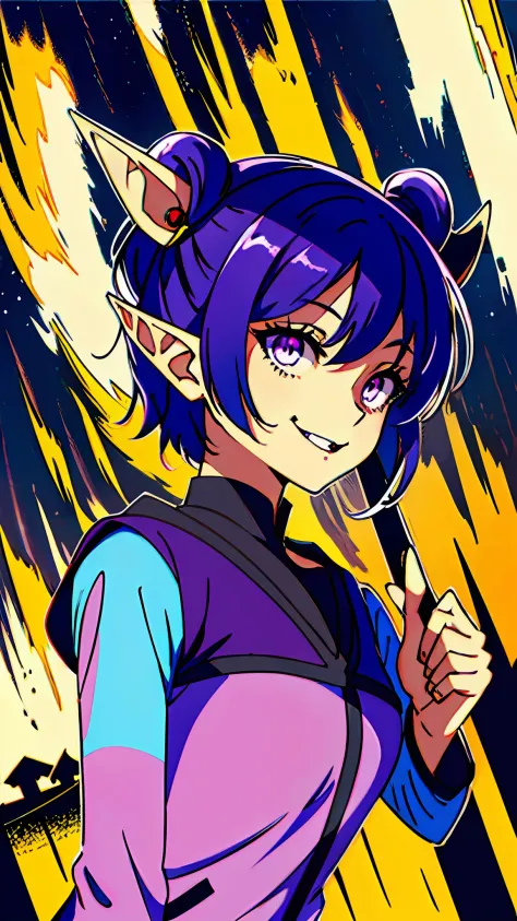 gosip ponkay， 1girll， the elf， pointy ears， purple colored hair， purpleglowing eyes eyes， mad smile，stick out her tongue，mouth d...