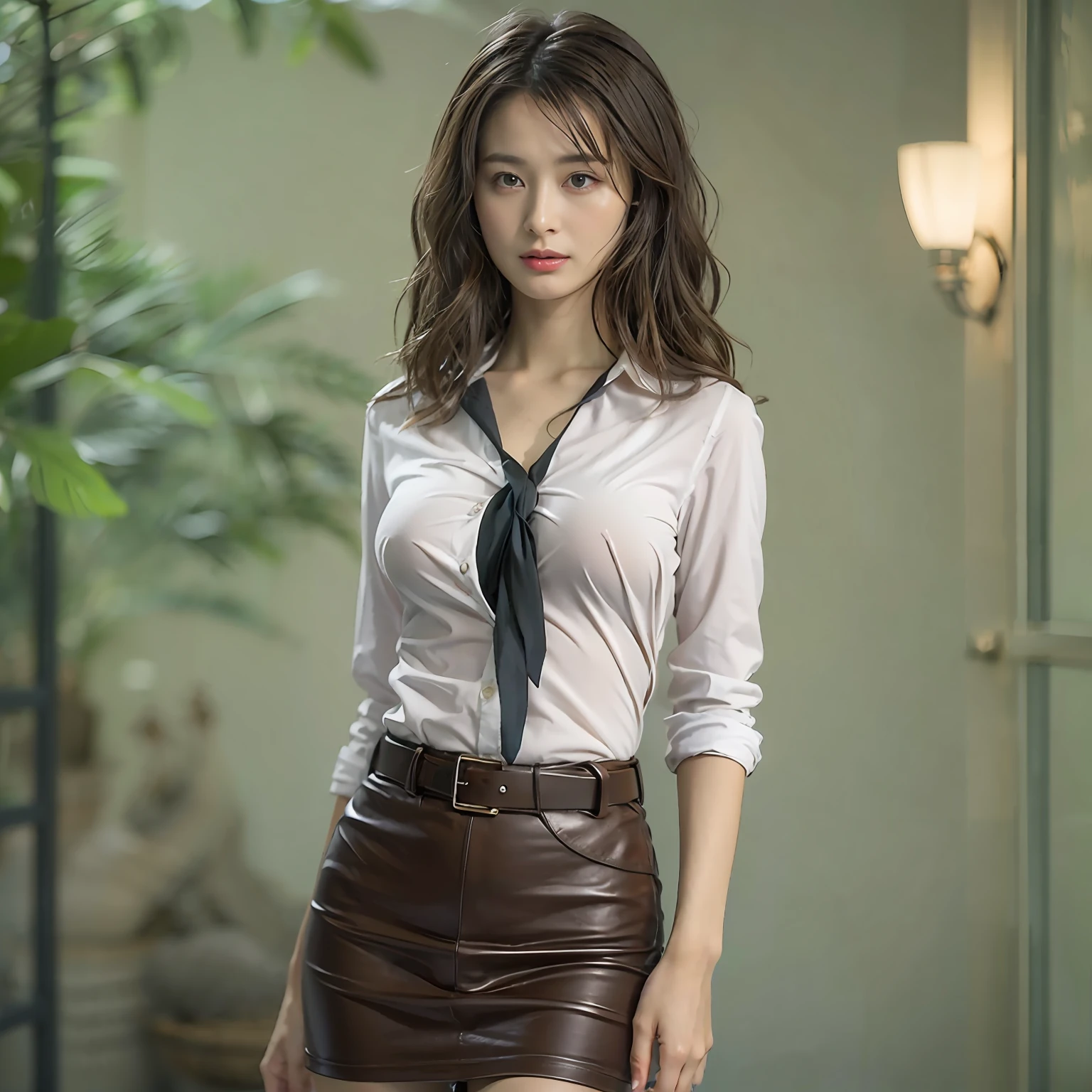 (​masterpiece:1.3), (8K, Photorealsitic, Raw photography, top-quality: 1.4), (1girl in), A pretty woman with perfect figure:1.4, cute  face, beautiful countenance, (Lifelike face), Beautiful hairstyle, realisticeyes, beautiful detail, (real looking skin), Beautiful skins, enticing, The ultra -The high-definition, A hyper-realistic, ighly detailed, (small tits:1.3), (cleavage of the breast:0.8)、White button-up shirt、a belt、Black leather tight skirt、Like Emily O'Hara Ratajkowski Japan, Semi-long curly hair、bangss、(Brown hair、1.3)、(slim figure))、Kojiri、(small and beatiful model pose、is standing