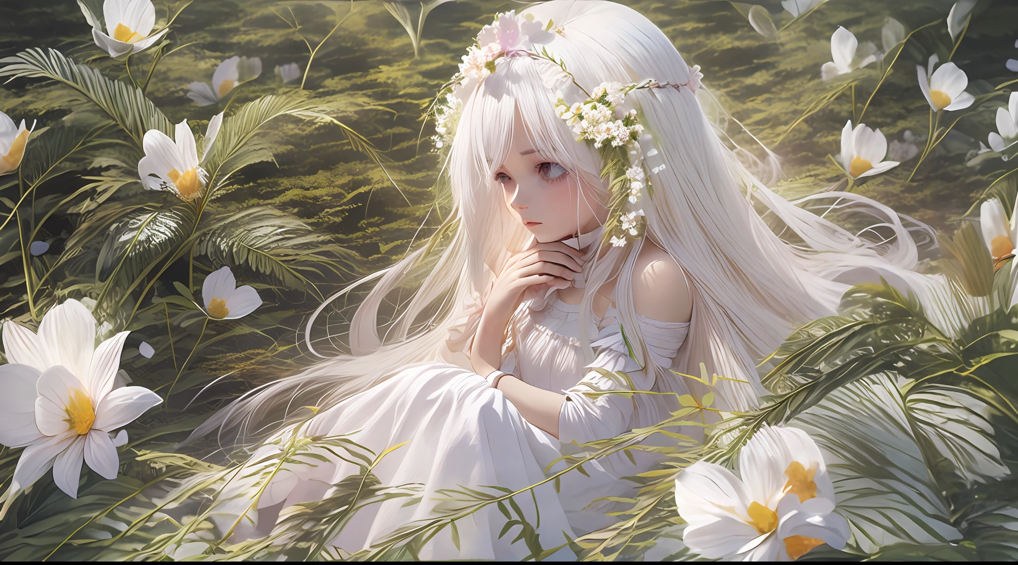 (masterpiece, best quality),1girl with long white hair sitting in a field of green plants and flowers, her hand under her chin, warm lighting, white dress, blurry foreground