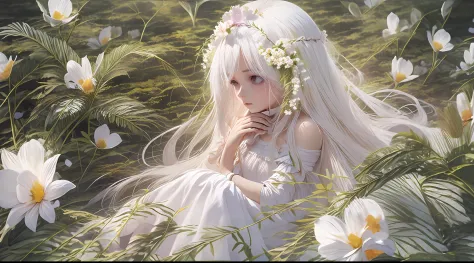 (masterpiece, best quality),1girl with long white hair sitting in a field of green plants and flowers, her hand under her chin, ...