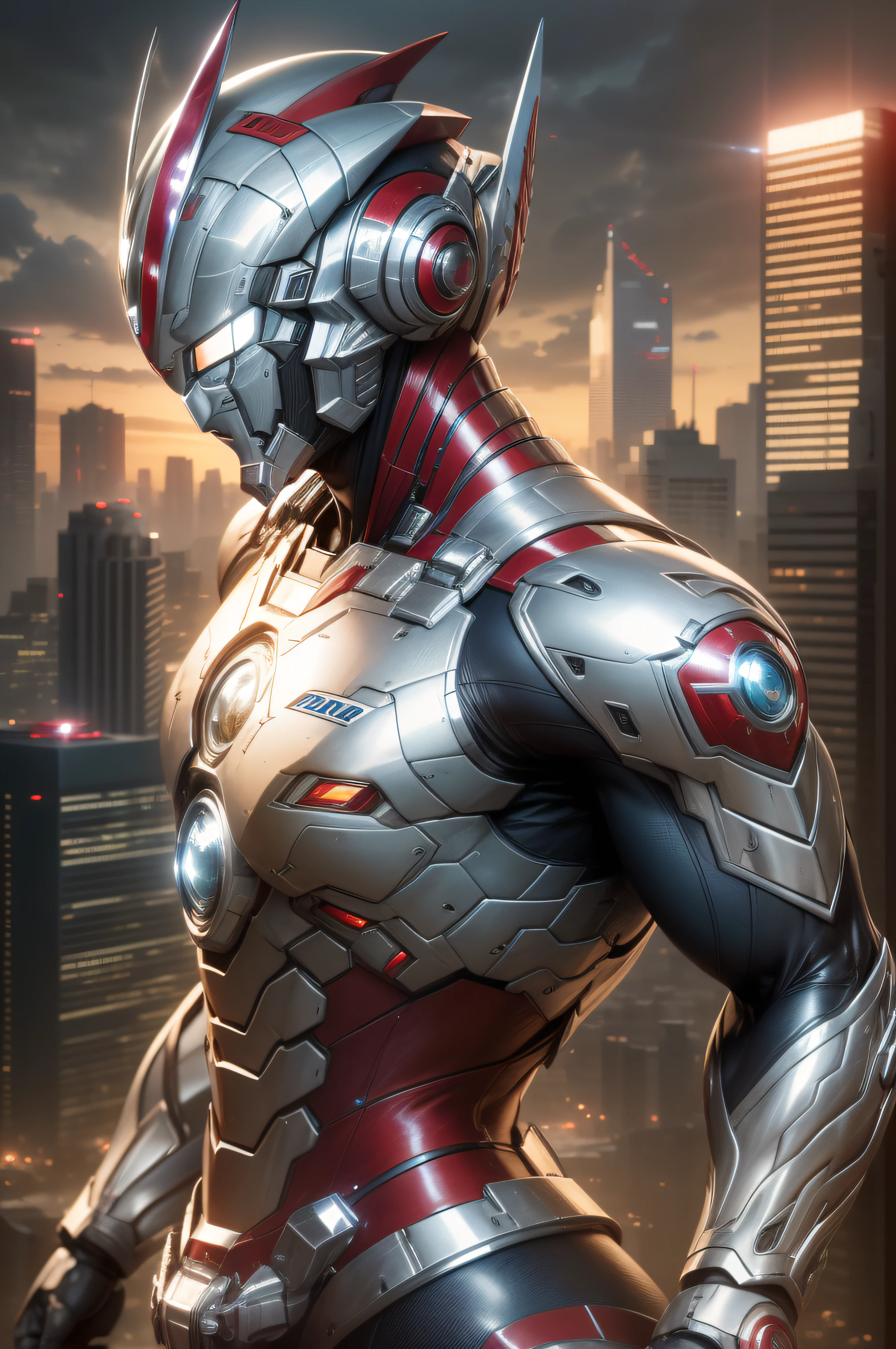 (Masterpiece, Superb Quality, Super Delicate, High Resolution), Male Focus, (((Mobile Ultraman))), (No Muscles))), (His head is tapered, his body is made of red and silver (((chrome))), his arms are streamlined, he has a round calculator on his chest, he looks tall and athletic, the overall look is streamlined and modern), (standing pose), pose for photos, high angle, dark night, city ruins, background details, ((((whole body))), from above, solo, photo-realistic, octane render, unreal engine, ultra-realistic ((( Huge feeling)))
