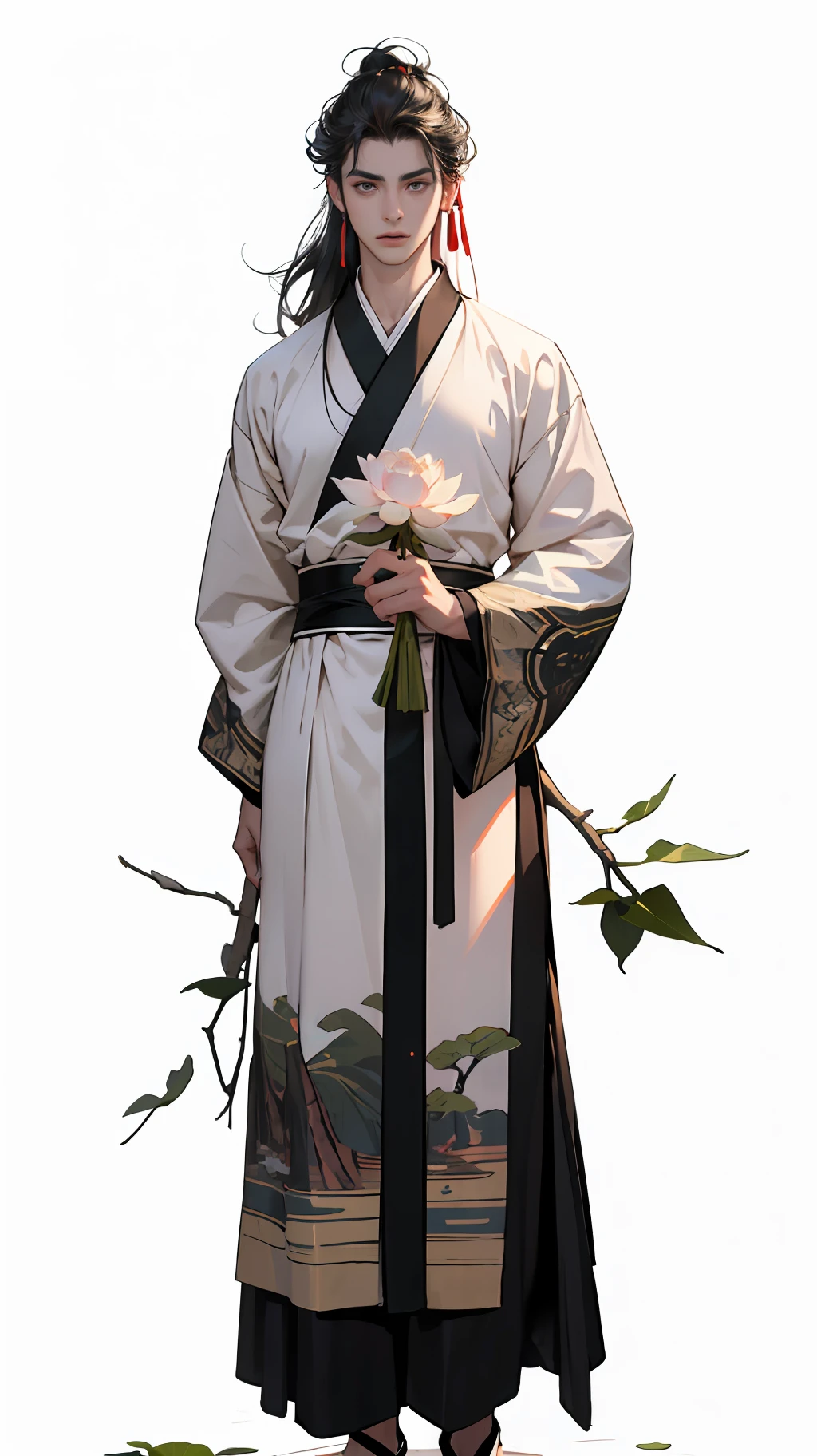 best quality, masterpiece, (photorealistic:1.4), 1youthful man,22 years-old, ultra high detail face,solo, big eyes, Hanfu in Song Dynasty,long sleeves, upper body, dramatic lighting, looking at viewer, standing,Outdoor, By the lotus pond,With a bunch of lotus flowers in his hand,Willow, Film Lighting,sunshin