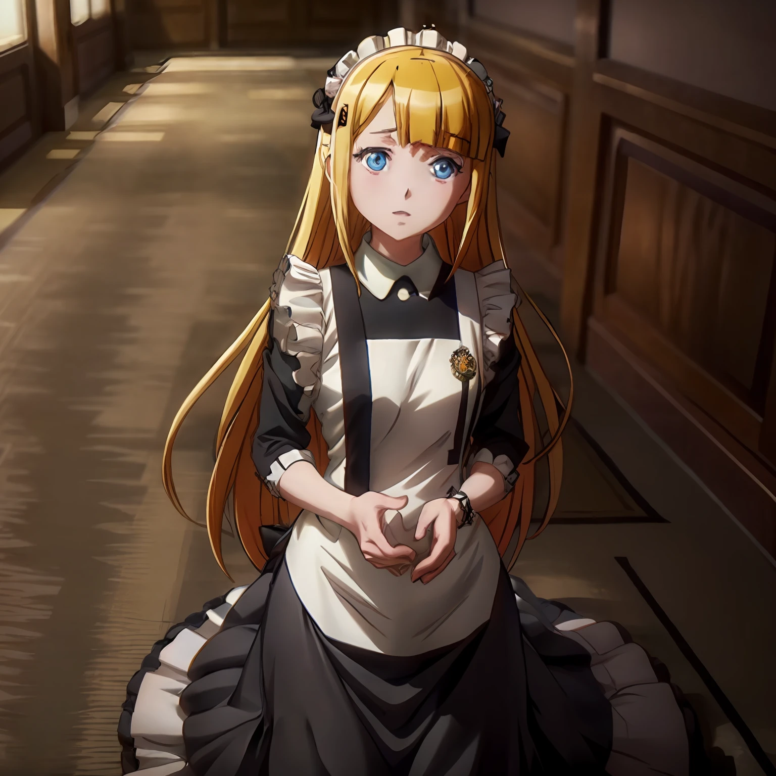 Woman in maid clothes sitting on the floor of the hallway, anime girls in maid costumes, today's featured anime still, maid clothes, anime maid ss military, Anime visuals of cute girls, anime visual of a young woman, from the azur lane videogame, anime cat girl in a maid costume, girls frontline cg, Anime girl named Lucy