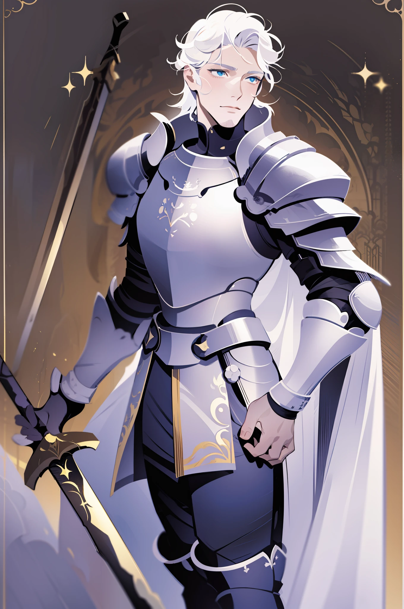 knight, young men, sword holding , schield holding, angel, silver hair, blue eyes, portrait, 1character, full body muscular male, boots