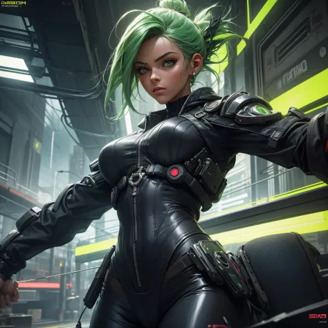 um retrato detalhado de uma garota cyberpunk, foto de plano americano, com olhos verdes, cabelos vermelhos, static pose , corpo ...