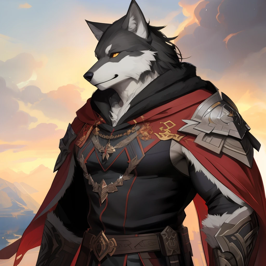 Wolf,Wolf cloak,Ruan Jia,Pino Daeni,darkgem,Dummkopf,muskulöser männlicher Wolf anthro, (Detailliertes Gesicht), (detailreiches flauschiges Fell)