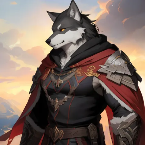 blaidd,blaidd cloak,Ruan Jia,Pino Daeni,darkgem,dimwitdog,muscular male wolf anthro, (detailed face), (detailed fluffy fur)