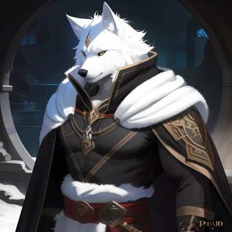 blaidd,blaidd cloak,Ruan Jia,Pino Daeni,darkgem,dimwitdog,muscular male wolf anthro, (detailed face), (detailed fluffy fur)