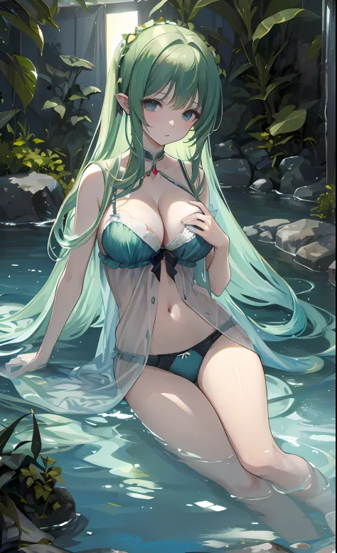 anime girl in a bikini sitting in a pool of water, trending on artstation pixiv, seductive anime girls, Guweiz in Pixiv ArtStation, Guweiz on ArtStation Pixiv, zerochan art, green bikini, pixiv 3dcg, at pixiv, Extremely detailed Artgerm, mikudayo, Best Rat...