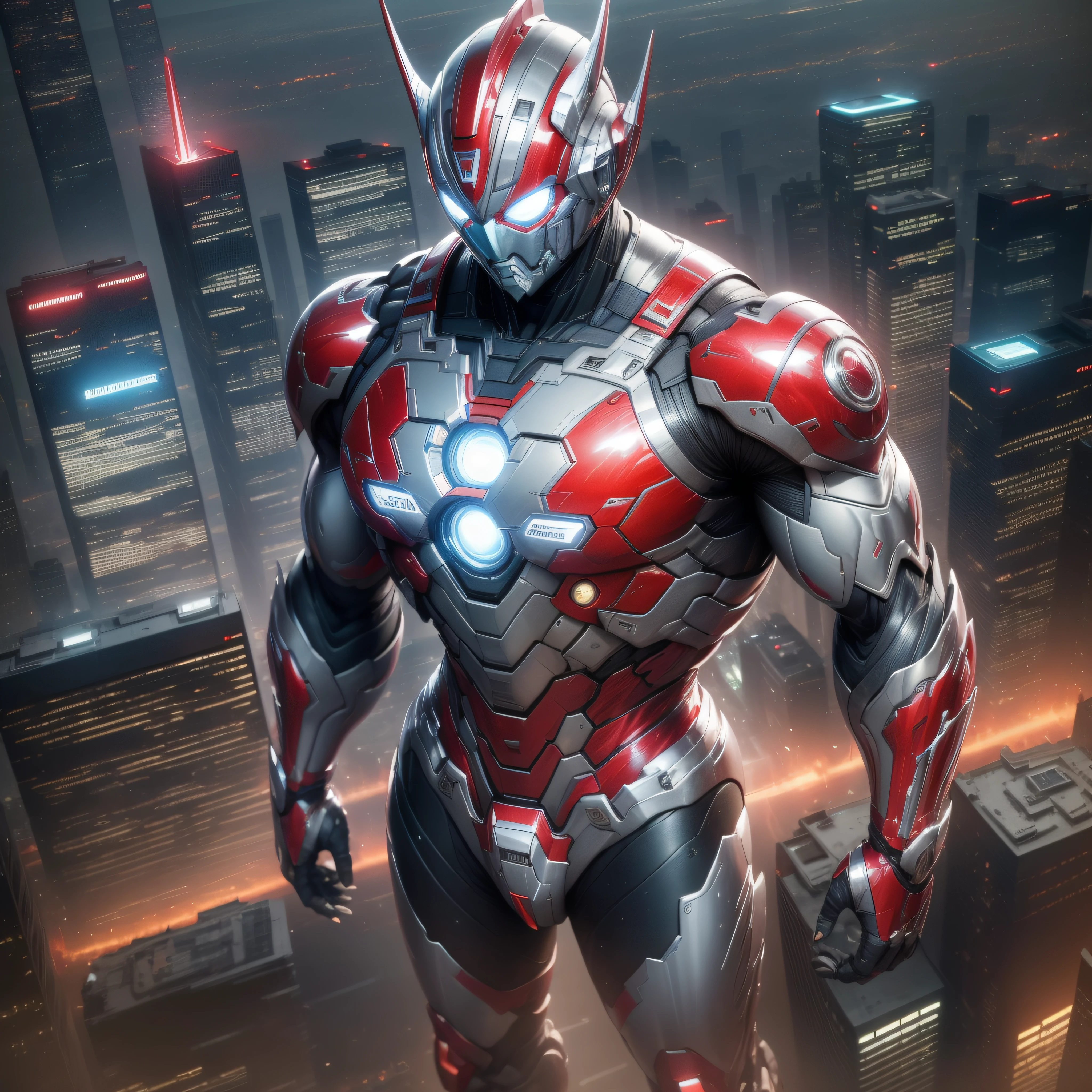 (Masterpiece, Superb Quality, Super Delicate, High Resolution), Male Focus, (((Mobile Ultraman))), (No Muscles))), (His head is tapered, his body is made of (((red chrome))) and silver (((chrome))), his arms are streamlined, he has a small round calculator on his chest, he looks tall and athletic, the overall look is streamlined and modern), (standing pose), pose for photos, high angle, dark night, populated city, background details, ((((whole body))), from above, solo, photo-realistic, octane render, unreal engine, ultra-realistic ((( Huge feeling)))