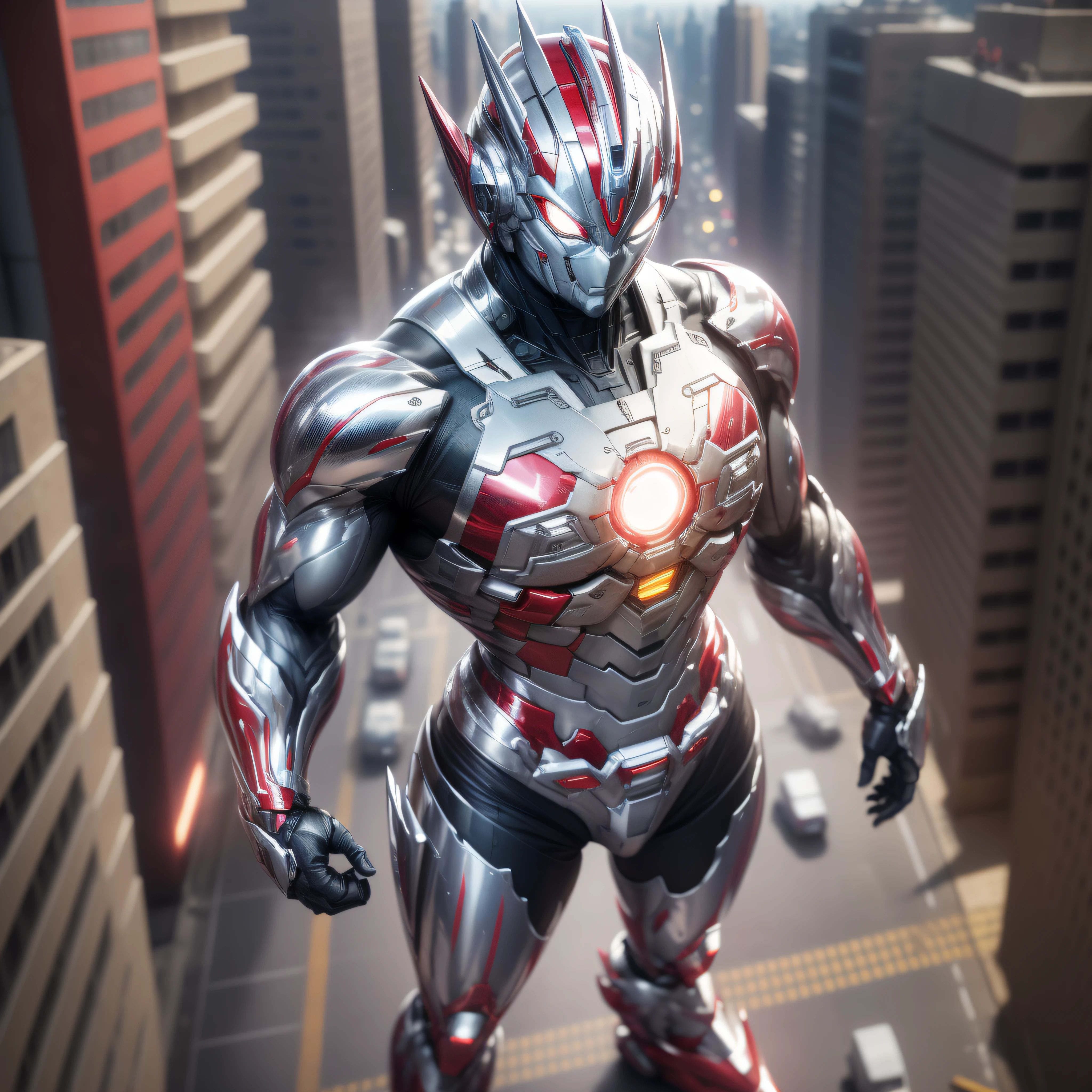 (Masterpiece, Superb Quality, Super Delicate, High Resolution), Male Focus, (((Mobile Ultraman))), (No Muscles))), (His head is tapered, his body is made of (((red chrome))) and silver (((chrome))), his arms are streamlined, he has a small round calculator on his chest, he looks tall and athletic, the overall look is streamlined and modern), (standing pose), pose for photos, high angle, dark night, populated city, background details, ((((whole body))), from above, solo, photo-realistic, octane render, unreal engine, ultra-realistic ((( Huge feeling)))