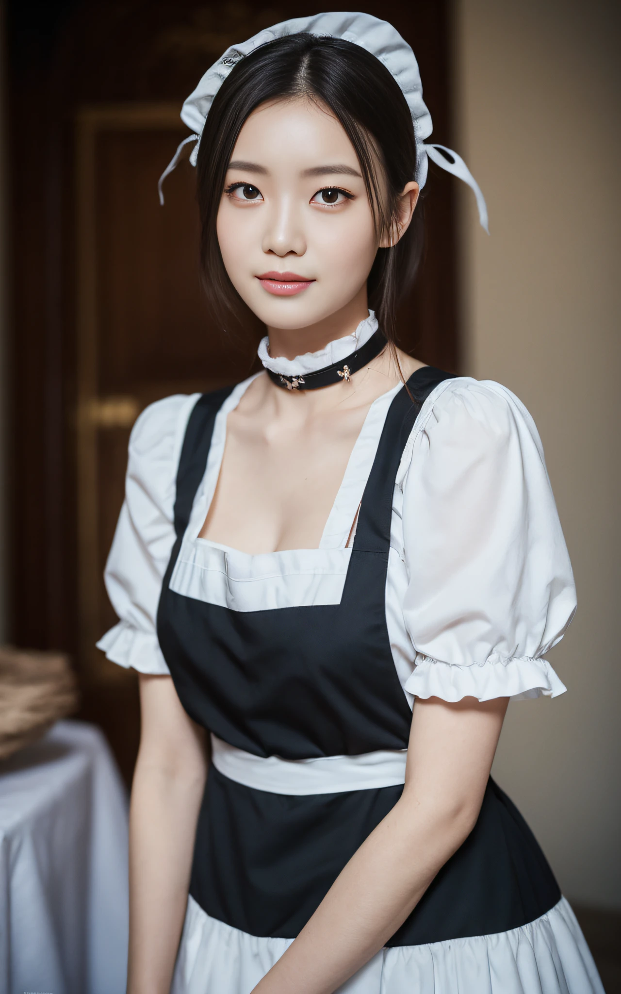 A close up of a woman in a maid outfit posing for a picture - SeaArt AI