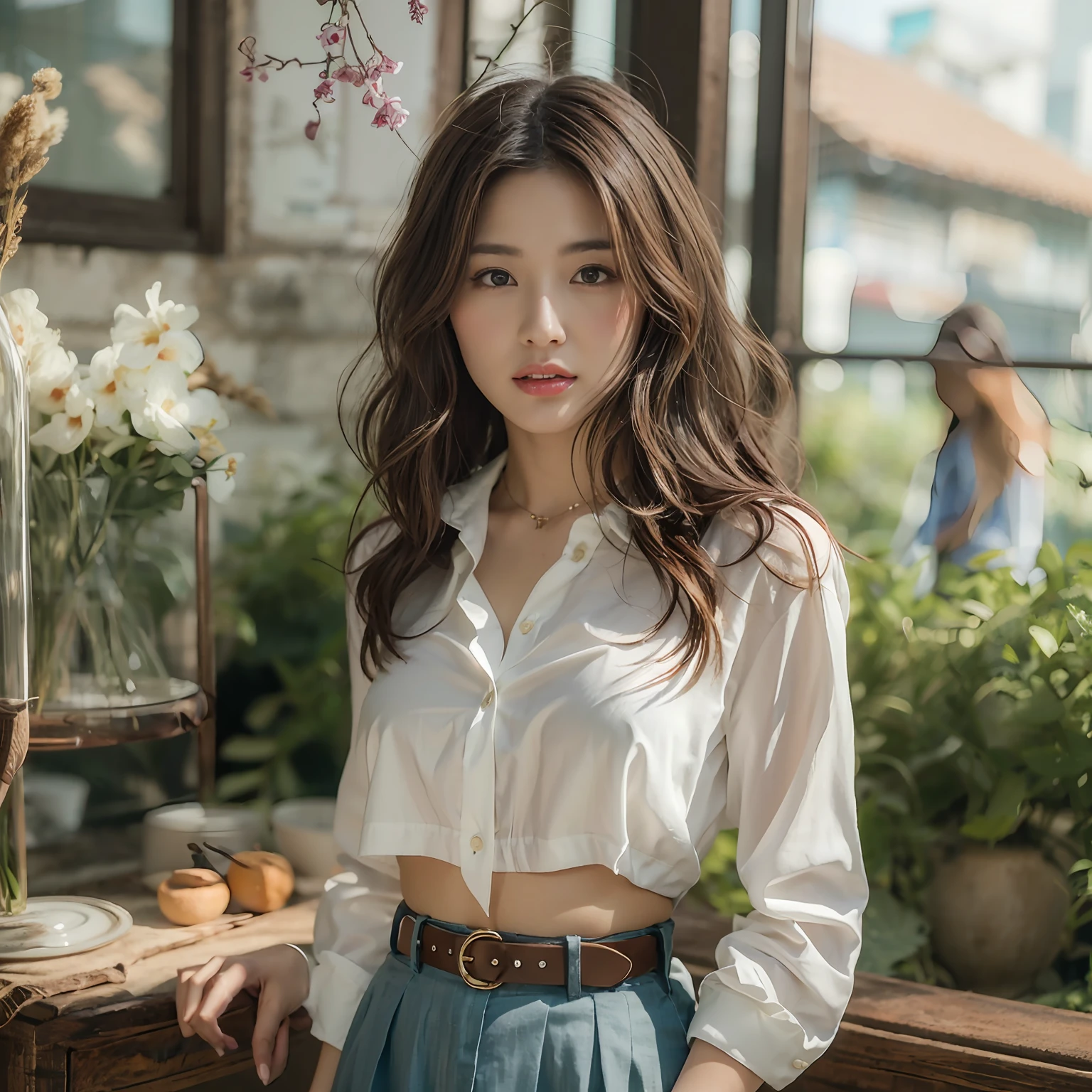 (​masterpiece:1.3), (8K, Photorealsitic, Raw photography, top-quality: 1.4), (1girl in), A pretty woman with perfect figure:1.4, cute  face, beautiful countenance, (Lifelike face), Beautiful hairstyle, realisticeyes, beautiful detail, (real looking skin), Beautiful skins, enticing, The ultra -The high-definition, A hyper-realistic, ighly detailed, (small tits:1.3), (cleavage of the breast:0.8)、White button-up shirt、a belt、Black leather tight skirt、Like Emily O'Hara Ratajkowski Japan, Semi-long curly hair、bangss、(Brown hair、small tits1.3)、(slim figure))、Kojiri、(small and beatiful model pose、is standing