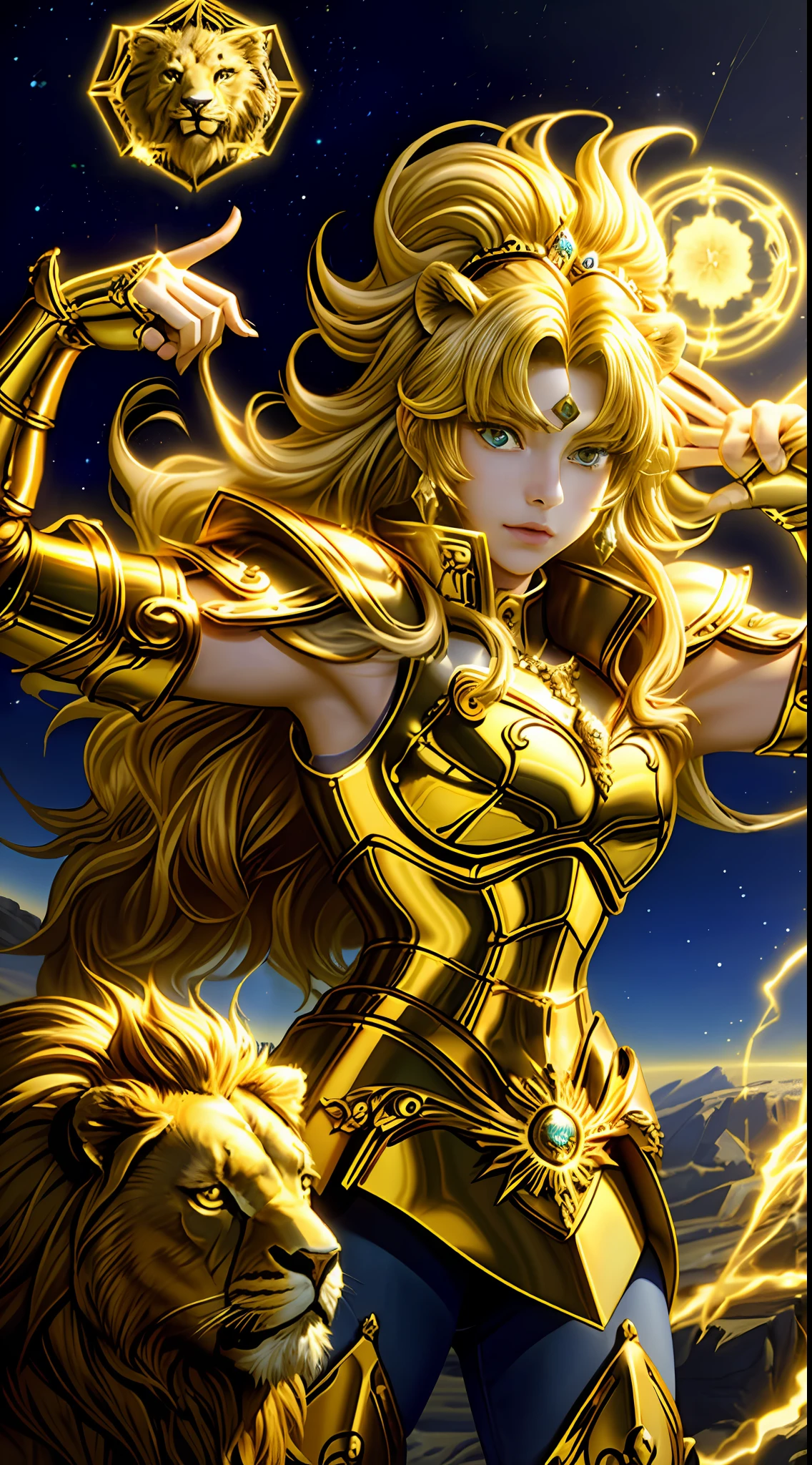（傑作）， （最好的品質）， （1個女孩）， 身穿金色盔甲的少女， 酷姿势，魔法金獅子座星盤，黄头发的人，獅子旁邊，聖鬥士星矢鎧甲