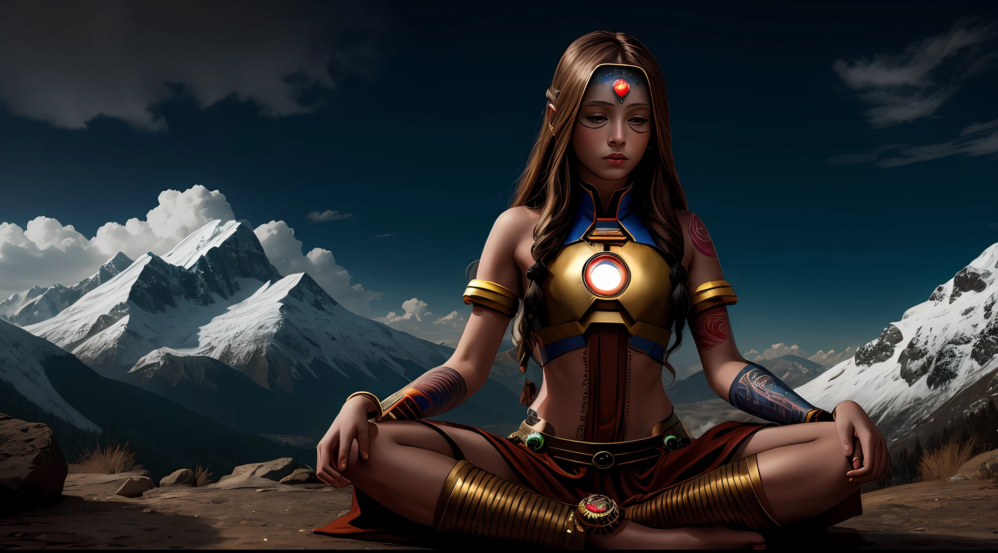 Young tantric priestess with tattoos of percings and an ironman mask on her body meditating on a mountain --auto