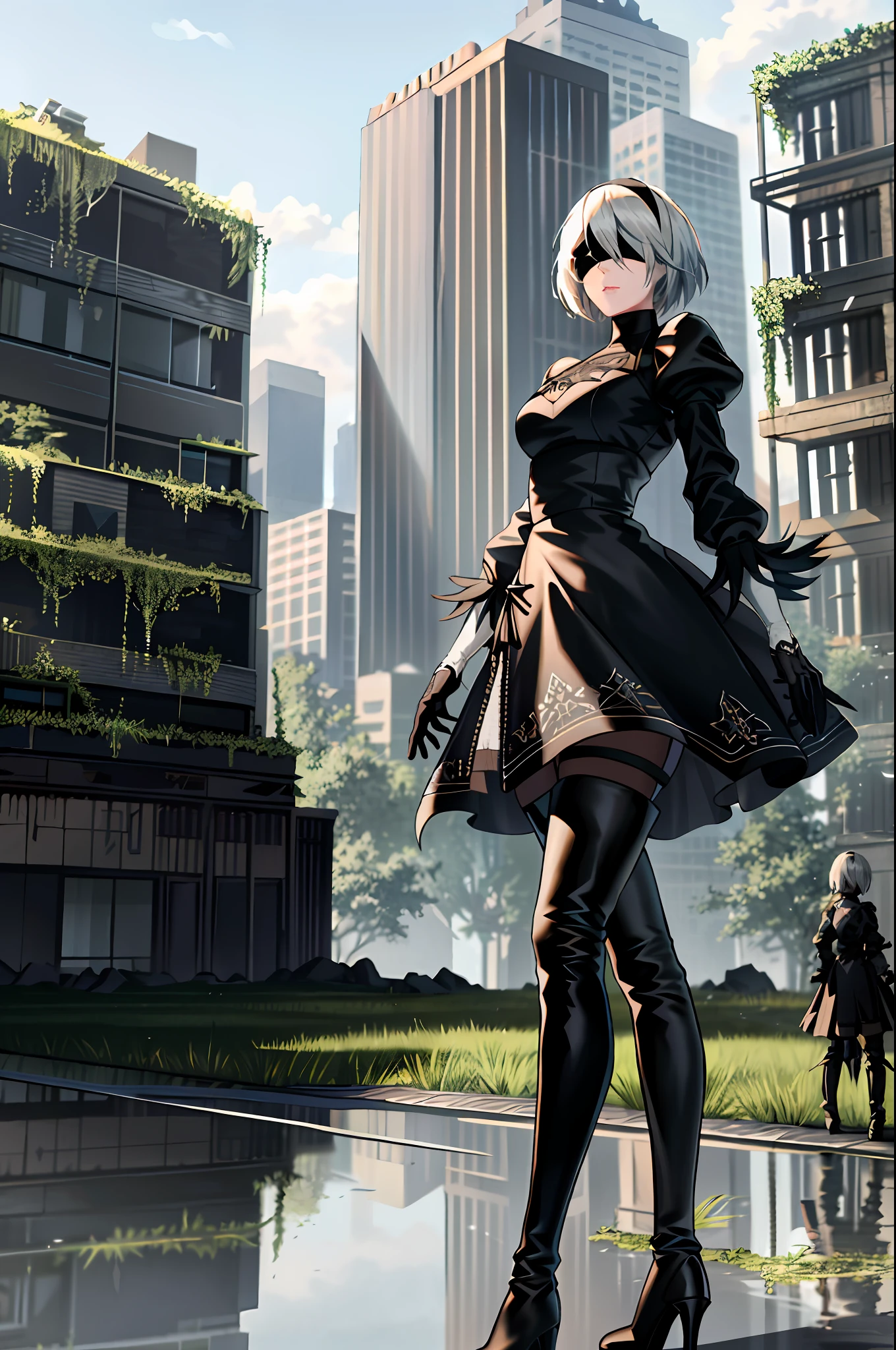 yorha no. 2 B형, 여자 1명, 터무니없는, black 눈가리개, black 드레스, black 머리띠, 눈가리개, blue 하늘, 부츠, 건물, 도시, 구름, 눈을 감고, 부스러기, 드레스, 깃털 장식 소매, 깃털 장식, 밑에서부터, 장갑, 잔디, 머리띠, high heel 부츠, 하이힐, 고등어, 줄리엣 슬리브, 카타나, 가죽, 가죽 부츠, 긴 소매, 니어 \(시리즈\), 니어 automata, 옥외, 너무 크게 자란, 아래에 \(니어 automata\), 포스트 아포칼립스, 흐리게 하다, 푹신한 소매, 파편, 유적, 경치, 하늘, thigh 부츠, 허벅지, 허벅지 under 부츠, 물