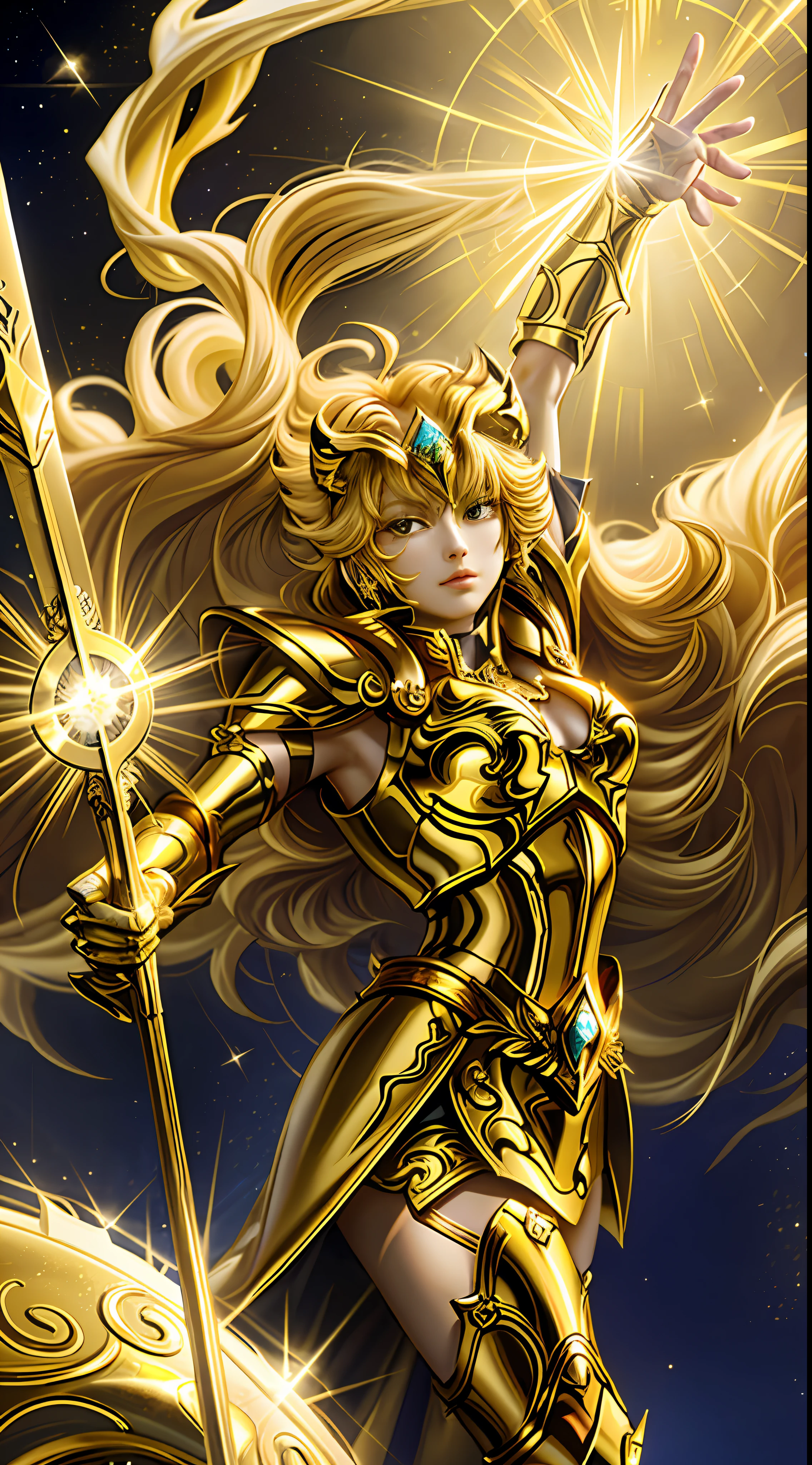 （傑作）， （最好的品質）， （1個女孩）， 身穿金色盔甲的少女，聖鬥士星矢鎧甲， 酷姿势，魔法金獅子座星盤，黄头发的人，獅子旁邊