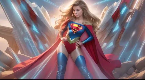 Supergirl princesa com corpo lindo, Mulher persa-russa, Tiara dourada, louro, corpo inteiro, cabelos longos e mechas brilhantes, Pose Real, elegante capa vermelha, Ambiente inspirado em cristais cintilantes, Armadura kryptoniana em tons de azul e vermelho