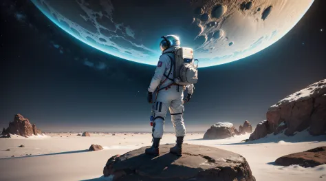 a man in a space suit standing on a rock looking at a planet, 3 d --auto