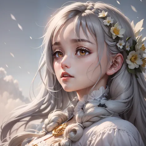 A masterpiece of extreme delicacy，gray-haired girl，Golden eyes，Wear crisp white clothes，Look up at the sky，Showcases elegant upper body curves，Hair drapes gently，Snow-white skin glows，A strand of a side braid flutters from the side of the ear。