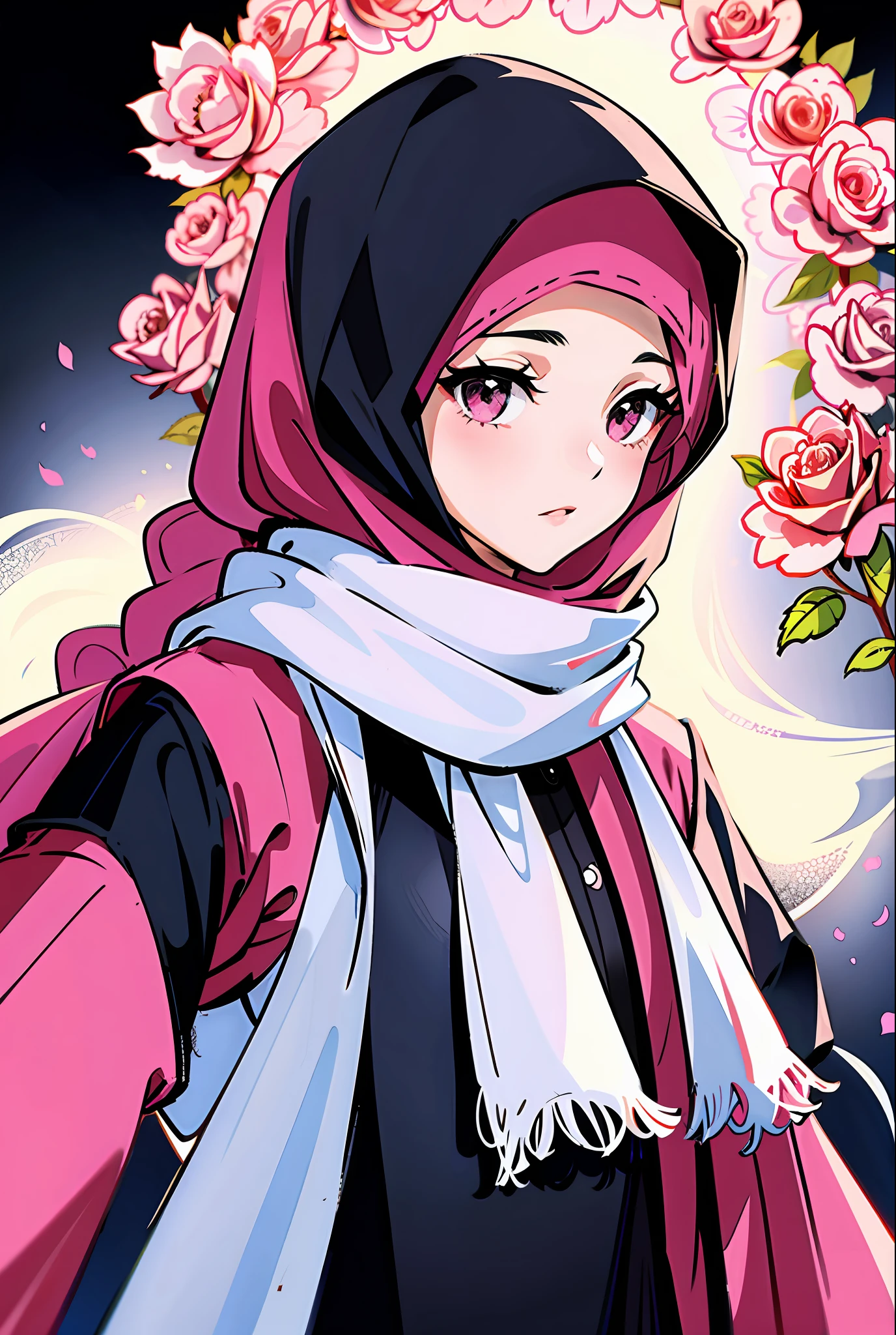 A veiled Muslim girl wearing a scarf carrying roses rose, Pink flowers blank background Even lighting Loose clothes Calm face Calm