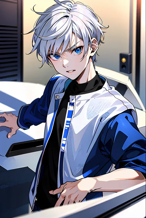 Beautiful Look 16 Year Old Boy Anime White Hair LongHD Trendy Clothes Short Hair Smile With Blue Eyes School Angry Face Close Up