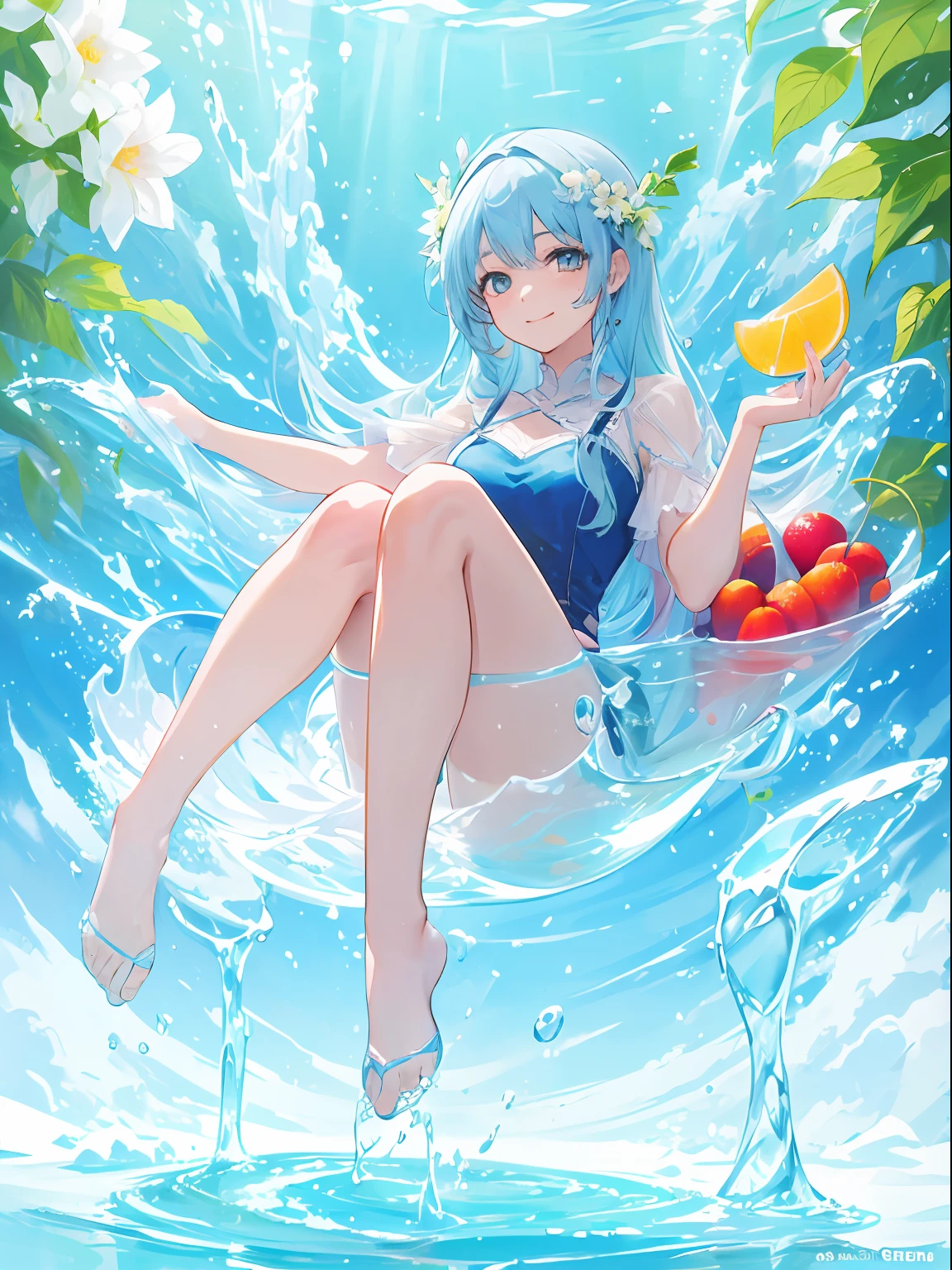 girl, in glass, sitting, full body, beautiful, ice, flower, fruit, light smile, look at viewer, absurdres, fresh,