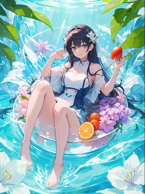 girl, in glass, sitting, full body, beautiful, ice, flower, fruit, light smile, look at viewer, absurdres, fresh,