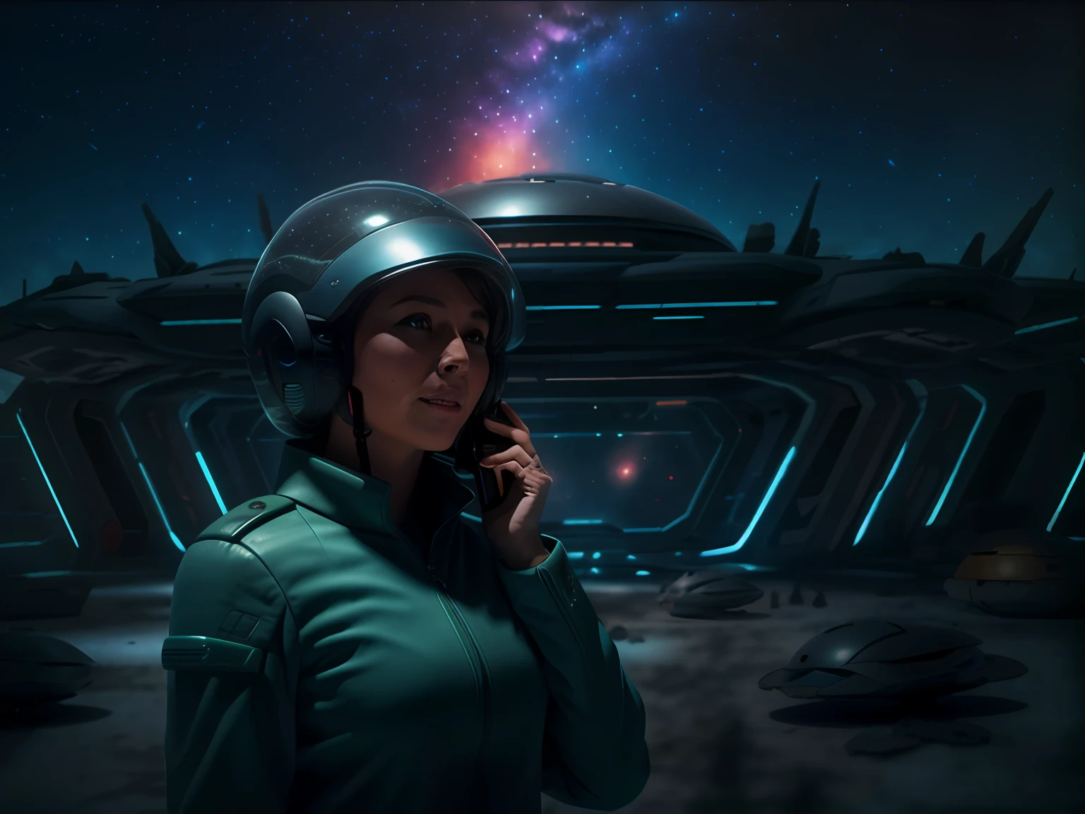 一名女子在外星飞船驶离时正在打电话, 旷野场景, 夜空, 宇宙的, 宇宙, 复杂的细节, 最高分辨率