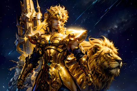 （tmasterpiece，hoang lap，high qulity，best qualtiy，Hyper-detailing，big breasts beautiful）,Magical golden Leo（Anthropomorphic representation of the magical golden Leo），
Yellow-haired people（A man with bright yellow hair, Exudes a captivating aura），
Lion compa...