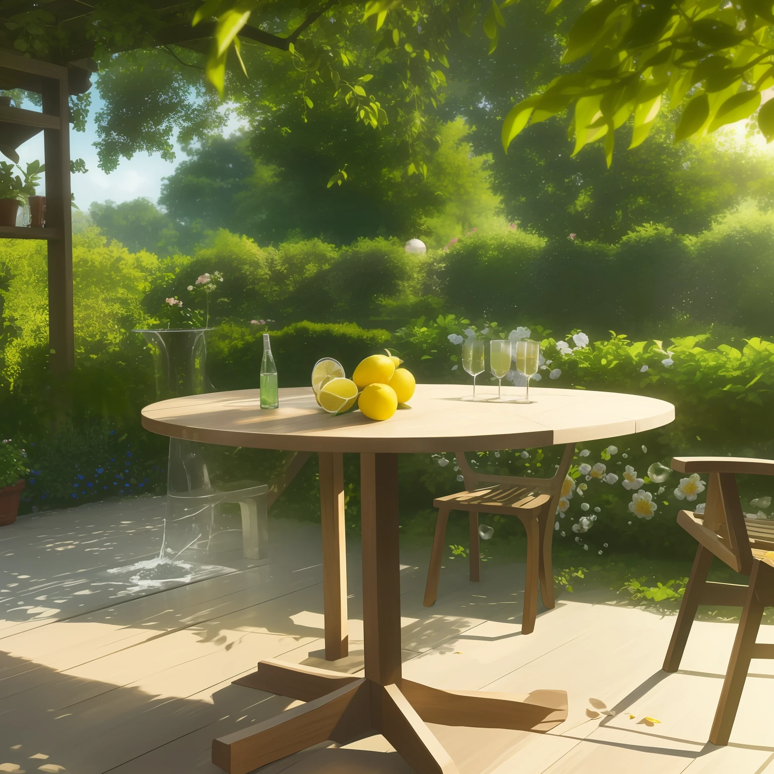 commerciaphotography,In a garden,There is a wooden table,Lemon on the table,Sparkling water,It's like a weekend garden dinner,It is surrounded by lush greenery,Sunnyday,There is a feeling of wind,natural soft light,Foreground leaf blurring,Full oil
Put food