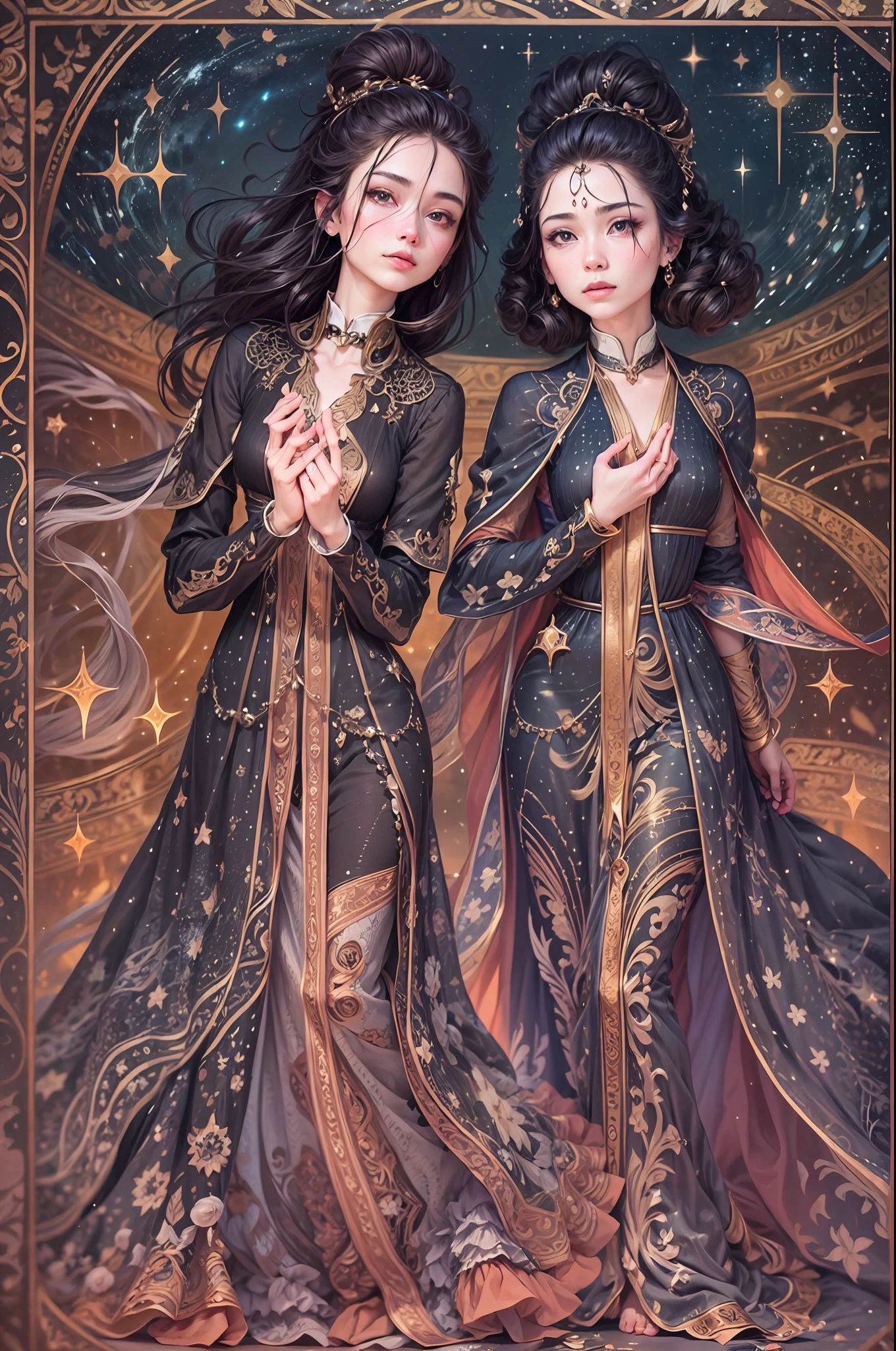 The image depicts a celestial masterpiece, where the Gemini constellation transforms into two twin sisters of extraordinary beauty. Against the canvas of the night sky, the two figures are interwoven seamlessly, their forms mirroring each other with perfect symmetry BREAK Their radiant presence fills the expanse, as if they were celestial beings themselves. The twins possess an otherworldly allure, their features reflecting a timeless elegance and grace. Their flowing hair, like cascading stardust, shimmers with a gentle glow, accentuating their ethereal beauty. With their arms outstretched, they reach towards one another, their fingertips almost touching, symbolizing an undying bond BREAK The stars of the constellation create a celestial gown for each sister, adorning them with a cosmic radiance that seems to emanate from within. Their eyes shine with an otherworldly wisdom and an unspoken understanding, as though they possess knowledge that spans across galaxies BREAK The image captures a sense of harmony and unity, inviting viewers to contemplate the profound connection and resilience that exist between kindred spirits. Whether they represent sisters, friends, or a bond beyond earthly connections, the twins inspire awe and wonder, reminding us of the vast mysteries and endless possibilities that can be found in the celestial realm.