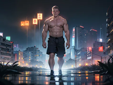 landscape, neon, Matt damon, best quality, mature male, muscular male, (bala chunky: 1.5), bala daddy, thick arms, thick legs, sweatpants, full body, fat, realistic photo, masterpiece, naked upper body, male, shorts, short hair, strong, (pectoralis major: ...