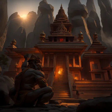 Majestic Temple in an indian mountain village with Hanuman, muscular monkey god meditating in front of temple,hindu mythlogy Cin...