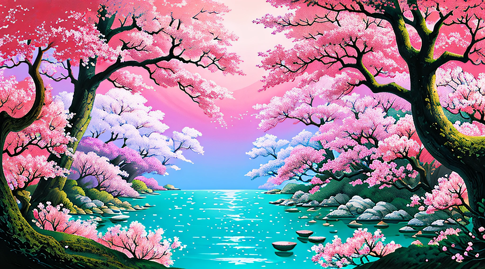 (digital painting),(best quality), bubbly forest, cherries in full bloom, butterflies, kawaii, cute, pastel colors, blues, yellows, pinks, Ukiyo-e art style, Hokusai inspiration, Deviant Art popular, 8k ultra-realistic, pastel color scheme, soft lighting, golden hour, tranquil atmosphere, landscape orientation