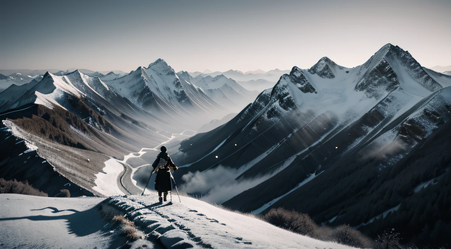 Bitte zeichne ein Bild，Das Ganze ist im schwarz-weißen Tuschemalerei-Stil gehalten.。Der Hintergrund sind die endlosen Berge und kurvenreichen Bergstraßen in den Bergen。Der Protagonist ist der Rücken eines Teenagers mit einem Schwert auf dem Rücken，Gehen Sie von der Bergstraße in die Ferne，Verkleidet als antiker chinesischer Krieger，Haarbündel und Kronen。 --Auto