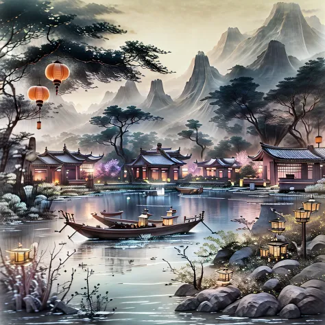 tmasterpiece，Best quality，Chinese martial arts style，Asian night view with lanterns and water lilies，Asian lagoon with lanterns ...