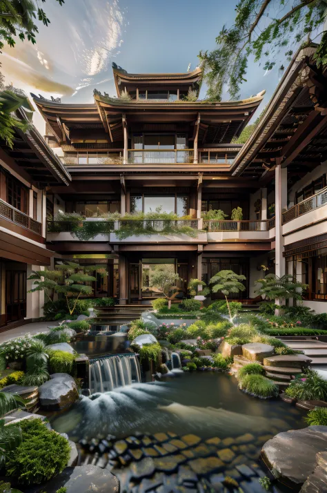 lakeside, ((waterfallr)), chinese mansion, small rivers, western-style garden, decorated with flowers,detail-rich, a fusion of c...