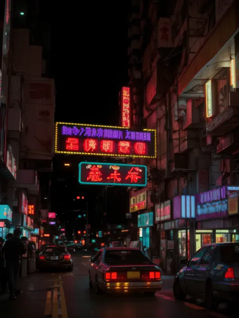 8k, raw, cinema lenses, cyberpunk style, synth waves, ultra-realistic realism, cars parked on the street in front of neon signs,...