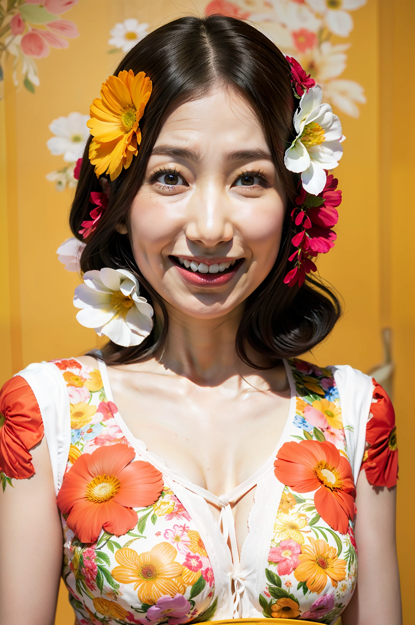 Arafed asian woman with flower in hair smiling at camera - SeaArt AI