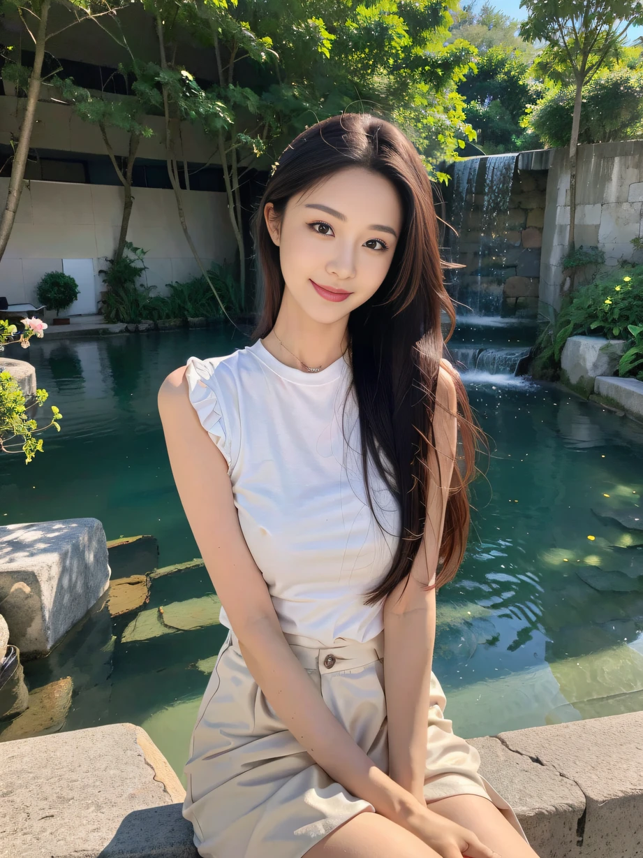 masterpiece, best quality，8k, ultra highres，Reallightandshadow，Cinema lenses，(beautidful eyes:1.1)， ((中景 the scene is，The upper part of the body)) ，On a verdant steppe，The gentle goddess sits coiled on a blooming flower。Her long hair fell like a waterfall on her shoulders，A gentle breeze ruffled her hair，Blowing the hem of her skirt。Smile and enjoy nature's bounty。