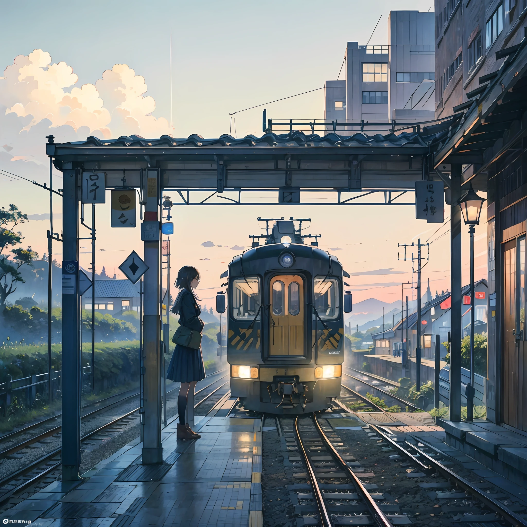 Train in the back right、A high school girl is waiting for a train on the platform of a station without a roof in the foreground on the right.、 station building、train track、Countryside around --auto