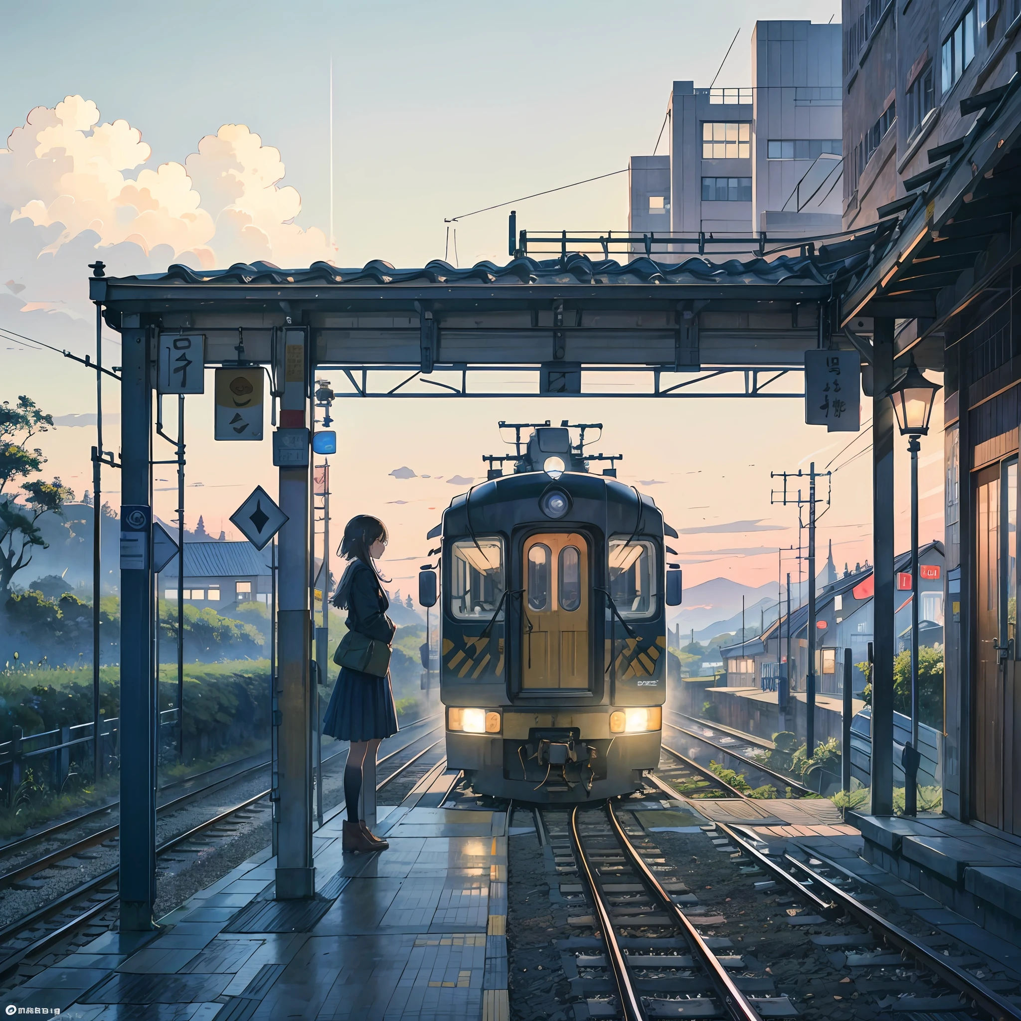 右奥の電車、右手手前に屋根のない駅のホームで電車を待っている女子高生.、 駅ビル、列車のトラック、周辺の田園地帯