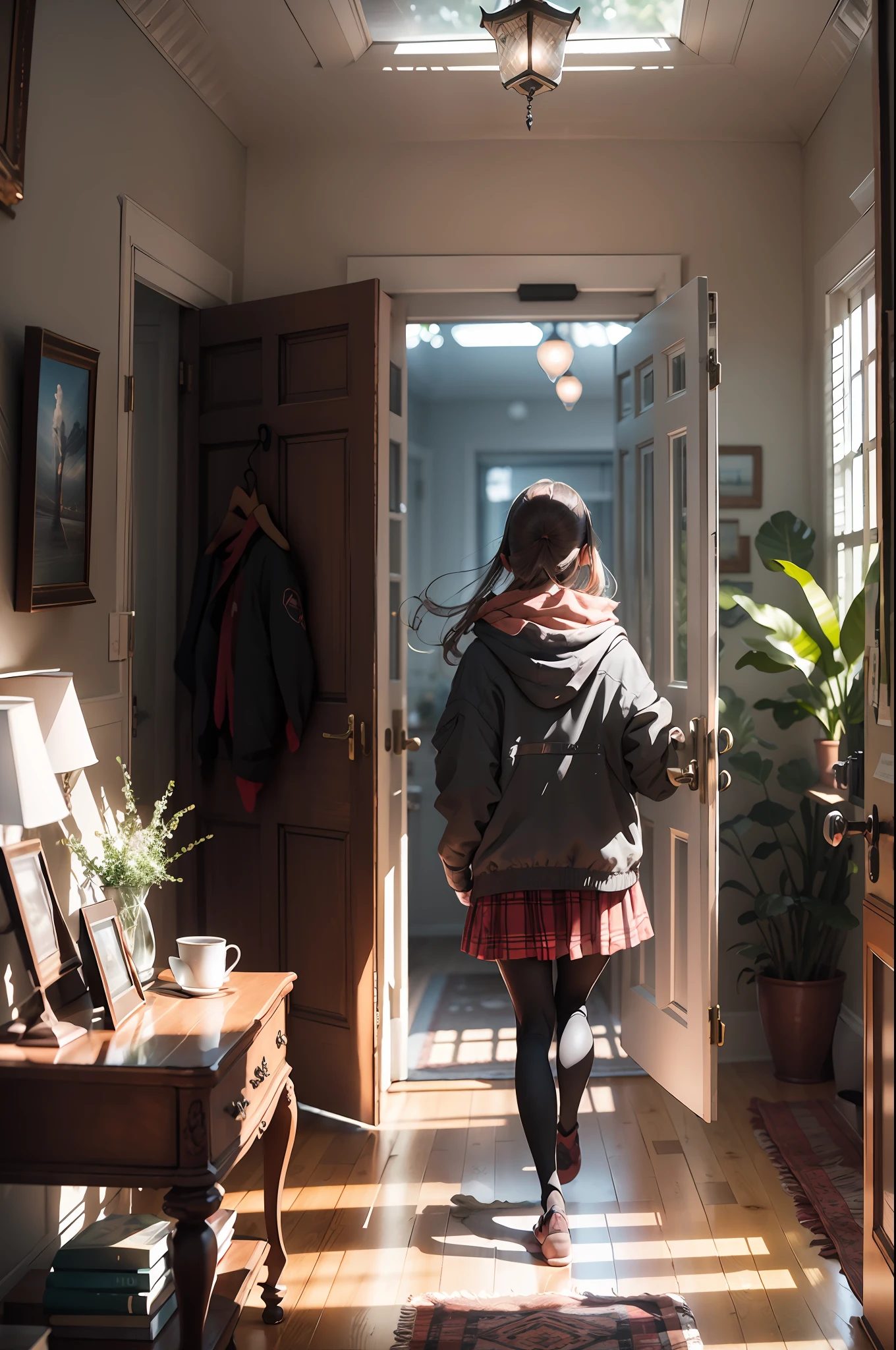 Uma menina abriu a porta do quarto e entrou na sala de estar.