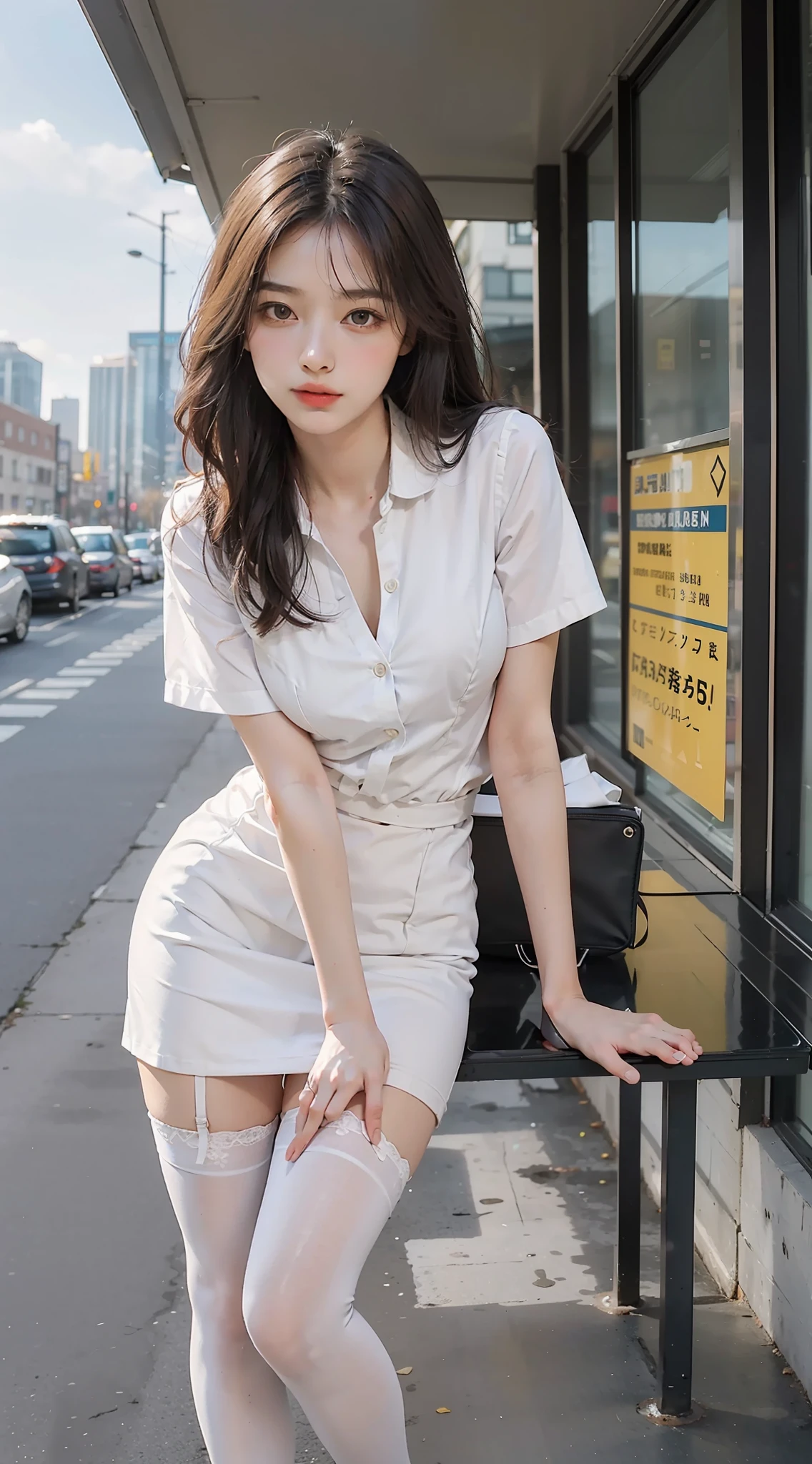 best qualtiy, Full body like，Refined face，pretty  face，25 years old woman，slimfigure，Smaller bust，office lady uniform，Office wear，white stockings，Outdoor Scene，Sit Pose，yellow long hair