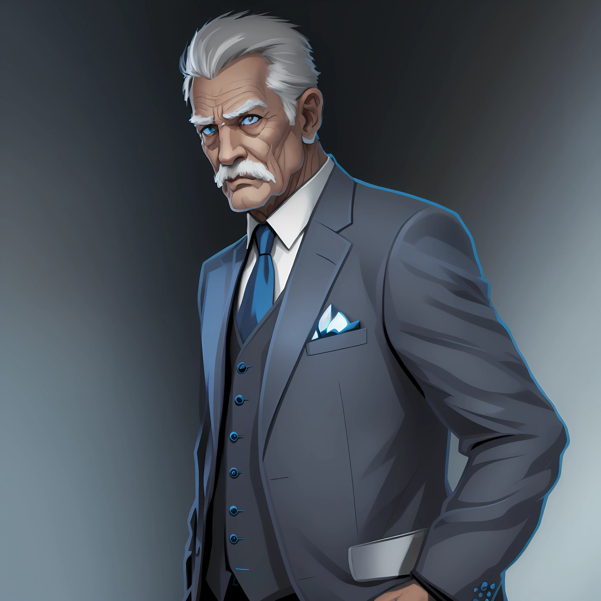 mysterious blue-eyed old man wearing a gray blue suit, 2d character, comic book style, cool, smart, old, grown man, serious, kind