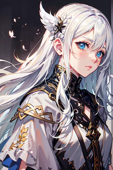 a close up of a person with white hair and a sword, white haired deity, with white long hair, with long white hair, artwork in t...