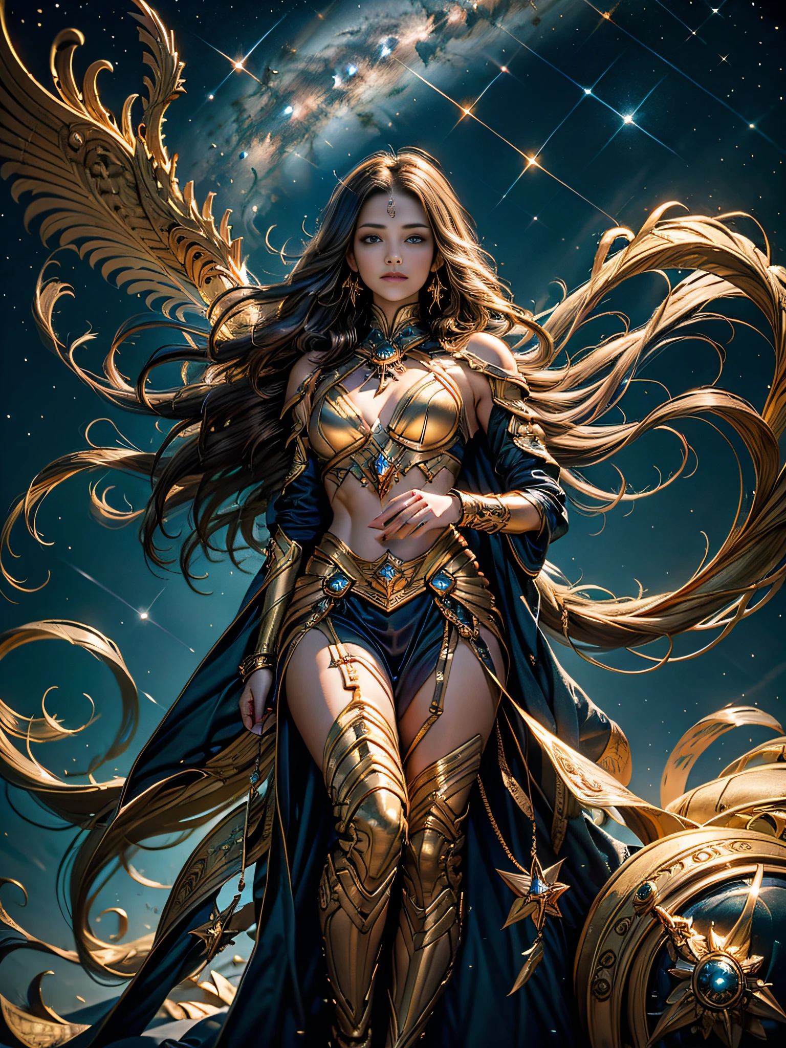 Sagittarius image，Magical golden Sagittarius astrolabe，Archer archer archer archery image in hand，（The upper body is the image of the human body, The lower body is the body image of a horse），((Charming Sagittarius female character:1.2),(Sagittarius symbol:1.1),starryskybackground,The stars twinkle,A sense of mystery,Cosmic elements,Majestic and deep atmosphere,Gorgeous decorative details,mesmerizing eyes,long hair flowing,starlight embellishment,dream colors)